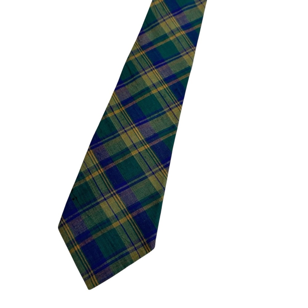 GAP Vintage Plaid Madras Tie in Green Blue and Yellow Fall Plaid Tie Preppy - Picture 3 of 10